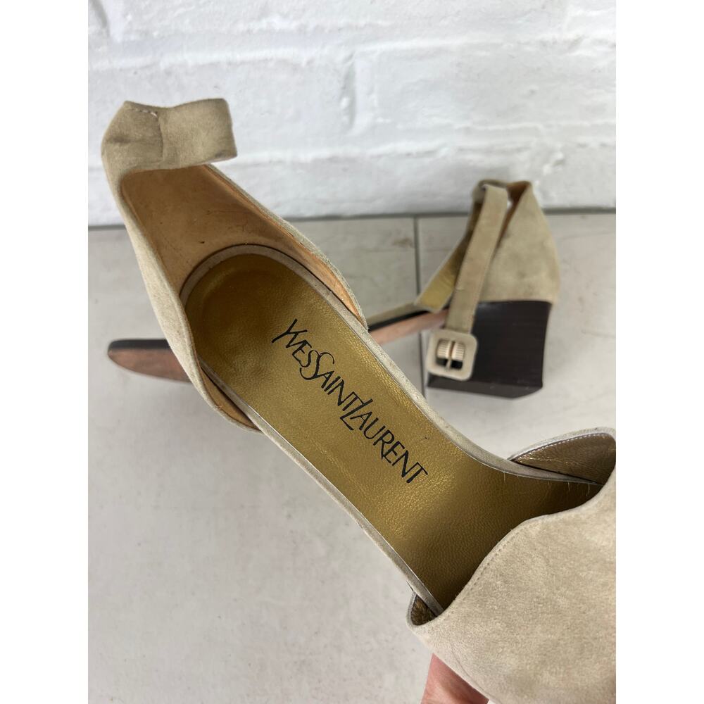 Yves Saint Laurent Women's Suede Open Toe Sandals Low Block Heel Beige Size 8.5 - Picture 5 of 6